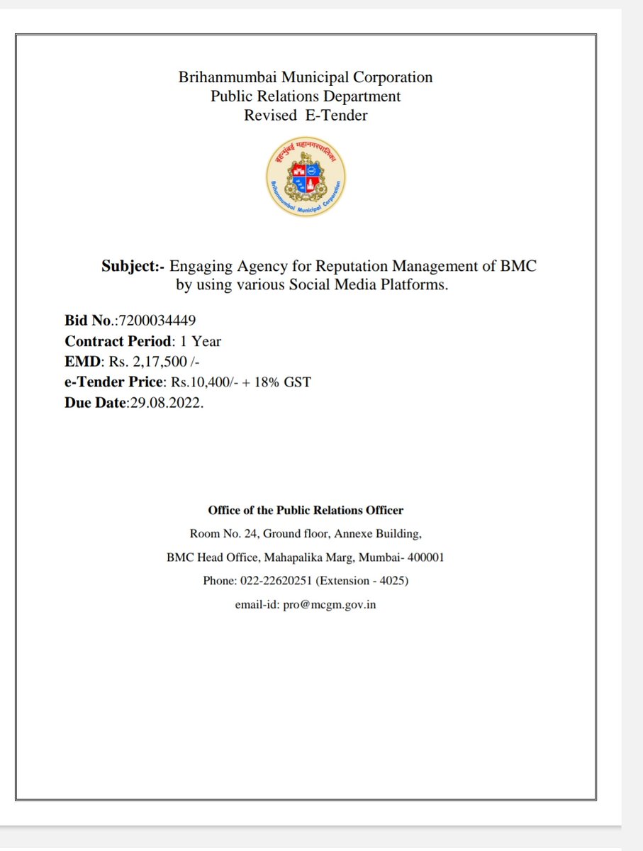 MNCDFbombay's tweet photo. The @mybmc Public Relations Office in the last & present tender document have systematically diluted the "grievance redressal mechanism" operations & we will demonstrate this with documentery evidence relying upon the TENDER DOCUMENT & Purchase Orders itself!
The agency which was first appointed originally for a period of 3years to run the social media operations was removed in year 2022. Subsequently, the tender published has been stripped of its real essence of grievance redressal and turned into a PR activity. The PRO who has published the tender shall be put to scrutiny.