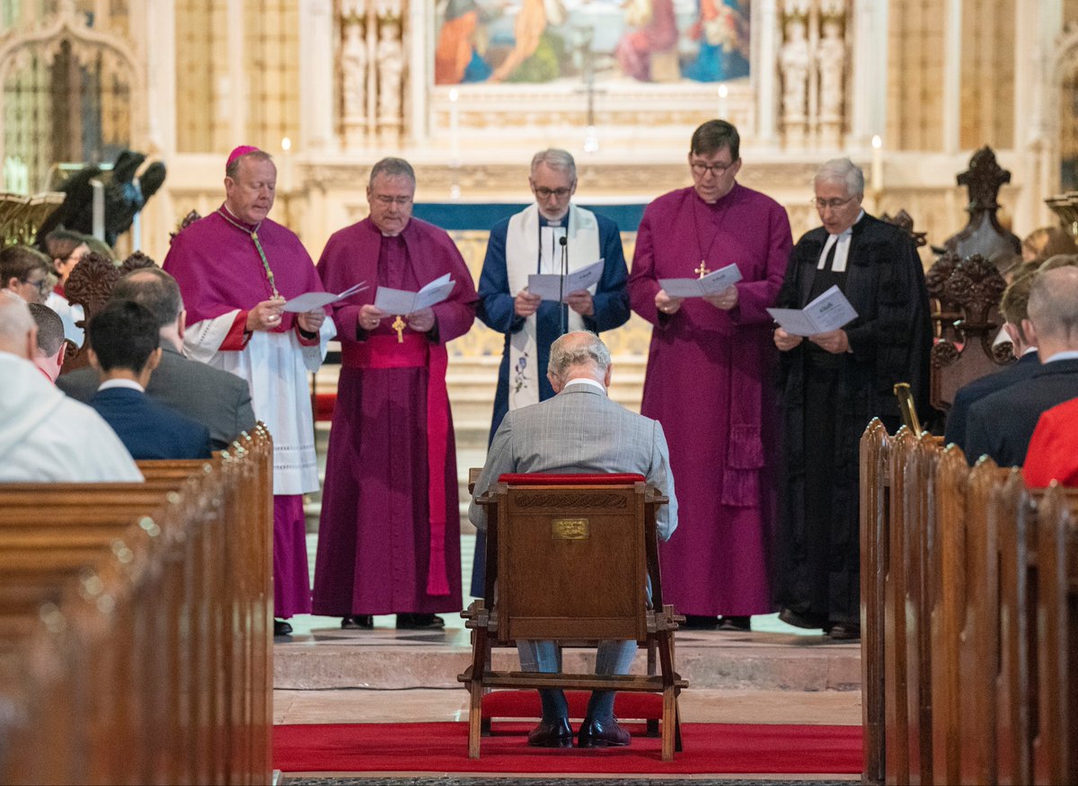 The King visited St Patrick’s Cathedral Armagh, where he met religious leaders from the Church of Ireland, the Roman Catholic Church, the Presbyterian Church, the Methodist Church and the Irish Council of Churches. Pictured with the Catholic Archbishop of Armagh Eamon Martin