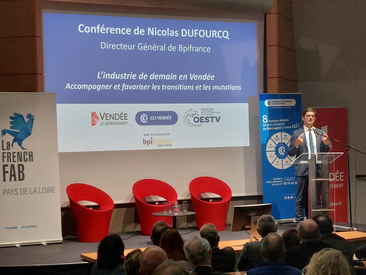 À la Roche-sur-Yon, conférence "L'#industrie de demain en #Vendée". On voit le "Mittelstand" français à son sommet. On repart gonflé à bloc. Bravo chers entrepreneurs !

Content aussi d'avoir pu parler de notre porte-à-porte de masse pour la décarbonation des PME <a href="/Bpifrance/">Bpifrance</a>