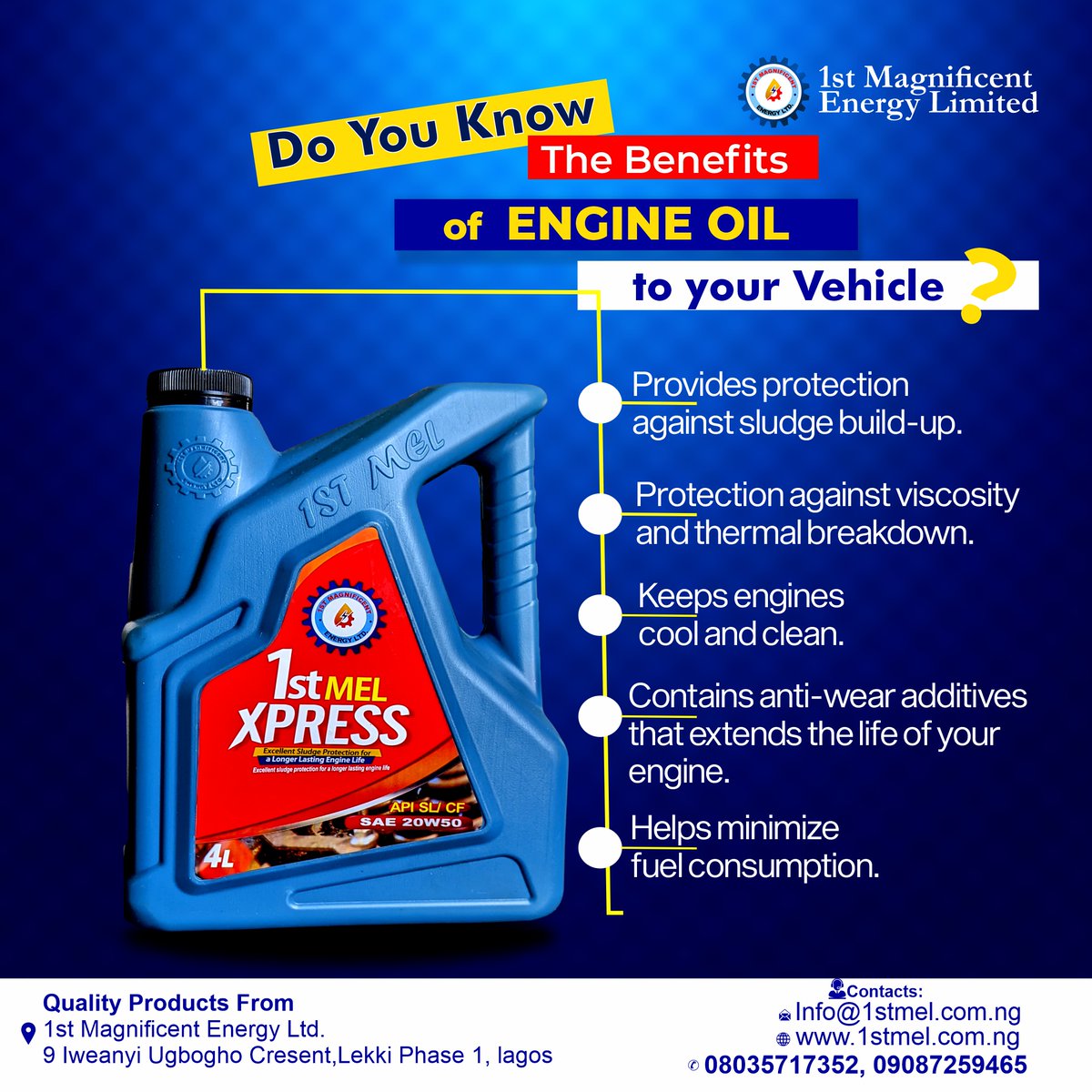 Do you know the benefits engine oil to your vehicles?
.
.
.
#1stmel #engineoil #engineoils #engineoilservice #Benefits #lubes #lubricant #lubricants #lubrication #doyouknow #carservice #carmaintenance #CarMaintenanceMadeEasy #carmaintenancetips