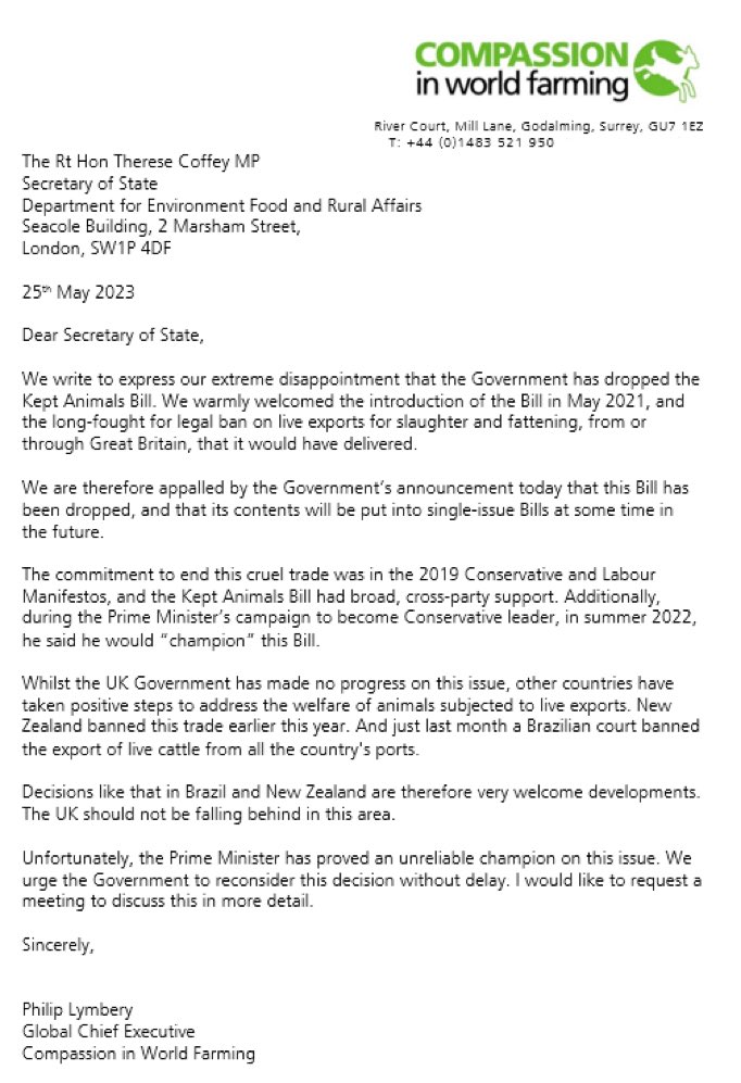 Yesterday’s @DefraGovUK announcement that the Bill to #BanLiveExports has been dropped is disgraceful and very bad news for UK farmed animals. @ciwf’s Global CEO @philip_ciwf has written to @theresecoffey to express their outrage.