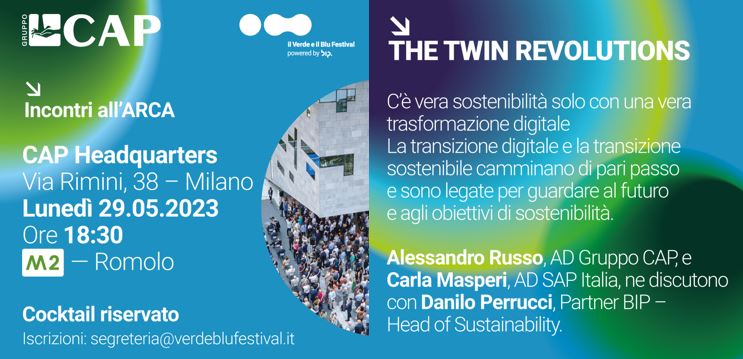 All’interno de Il Verde e il Blu Festival di <a href="/Bip_Group/">BIP</a> @carlamasperi parteciperà al talk del 29/5 H 18.30 w\Alessandro Russo AD di <a href="/gruppocap/">Gruppo CAP</a> per riflettere sulle nuove frontiere del digitale a sostegno della sostenibilità per le aziende. Per info segreteria@verdeblufestival.it