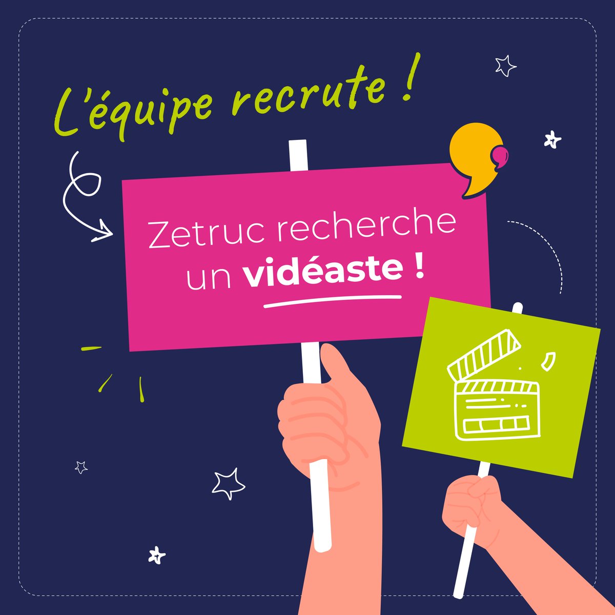 Zetruc - Agence de communication globale recherche un(e) vidéaste pour renforcer son équipe😊

Envie de travailler dans une entreprise créative, jeune et dynamique, vous maîtrisez la vidéo et ses outils… contactez-moi en MP pour la description complète du poste😉
#Recrutement