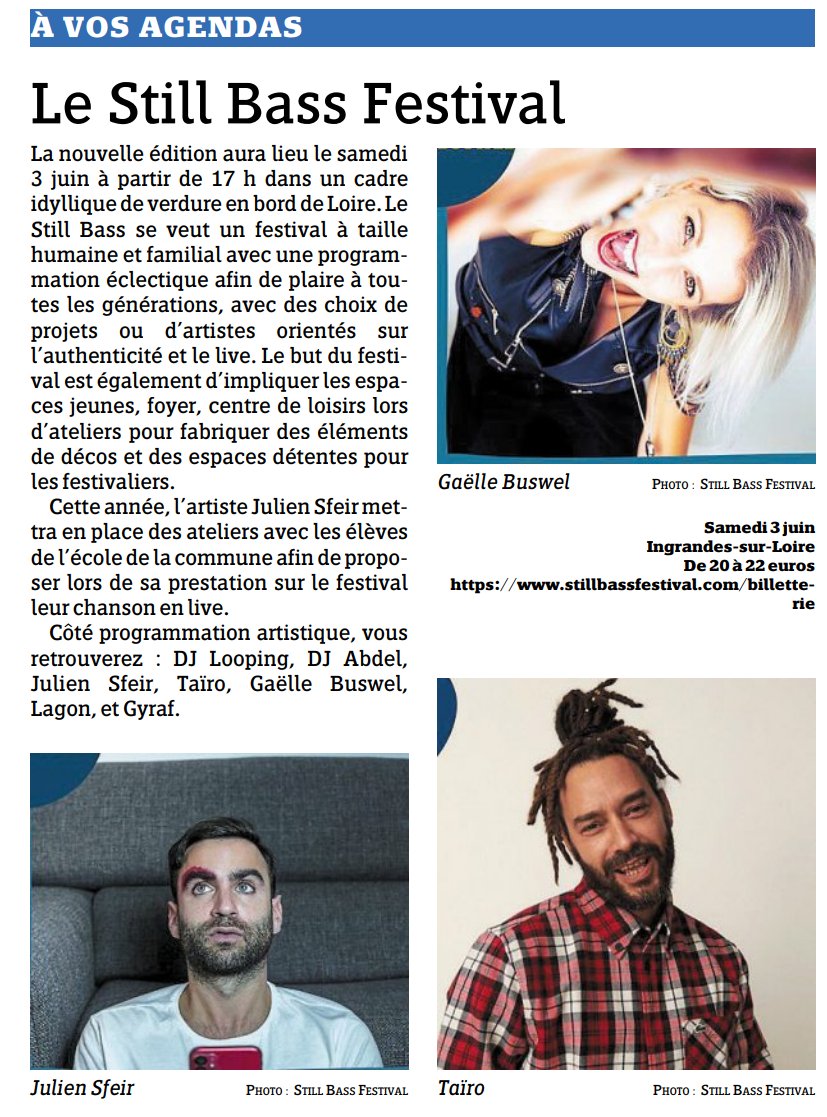 En page 7 du numéro d'#Angersmaville de cette semaine, retrouvez cet article sur le #StillBassFestival4. Il en est aussi question en page 4 🙂
A lire ici : angers.maville.com/actu/actudet_-…
stillbassfestival.com
#StillBass #StillBassFestival #PaysdAncenis #IngrandesLeFresne #MaineetLoire