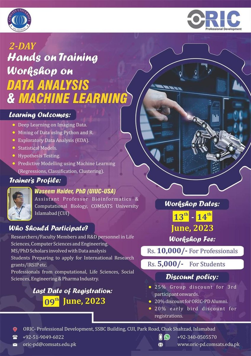 pakecofrontier's tweet image. ORIC Professional Development (PD) is arranging a two-day hands-on training workshop on Data Analysis & ML.
forms.gle/HHK2TddnwzrkE5…
#oricpd #Rprograming #machinelearning #DataScience #cuinews #cuiofficial #cuiisb
#CUI #rdatamining #RStudio #programminglanguage
#CUIOFFICIAL