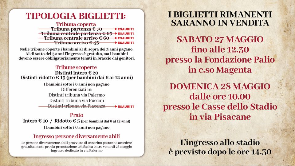 ⚠️ Informazioni utili per Domenica 28 Maggio
Ultimi giorni per acquistare i tuoi biglietti ed assistere al Palio di Legnano 2023 presso lo Stadio G. Mari!
 paliodilegnano.it/info-biglietti/
#PalioDiLegnano2023 #FondazionePalio #BigliettiPalio