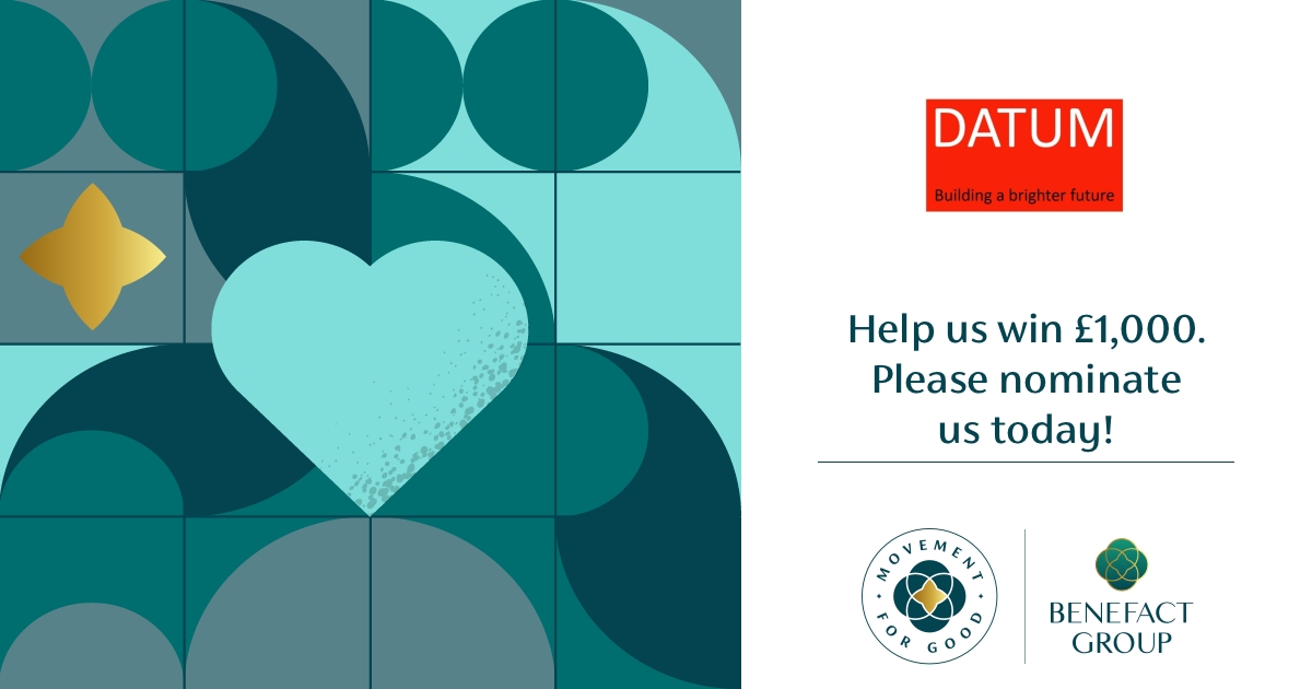 DATUM Foundation (@datumfoundation) on Twitter photo This year you could help DATUM receive £1,000 through the <a href="/benefactgroup/">Benefact Group</a>'s #MovementForGood. As you may know, £1,000 goes a long way in some of the areas of the world in which we work!
All you have to do is nominate DATUM in the 'Poverty' category to help!
movementforgood.com/#nominateAChar… This year you could help DATUM receive £1,000 through the <a href="/benefactgroup/">Benefact Group</a>'s #MovementForGood. As you may know, £1,000 goes a long way in some of the areas of the world in which we work!
All you have to do is nominate DATUM in the 'Poverty' category to help!
movementforgood.com/#nominateAChar…