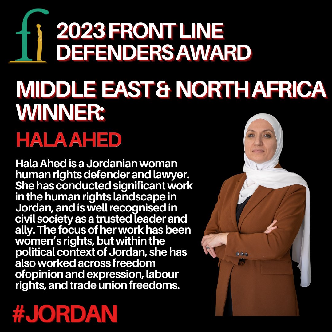Congratulations to the #MiddleEastNorthAfrica winner of the #FLDAward23, Hala Ahed, a #Jordanian woman human rights defender and lawyer who has conducted significant work in the human rights landscape in Jordan. 

Read more about Hala here: frontlinedefenders.org/en/profile/hal…

#FLDAward23