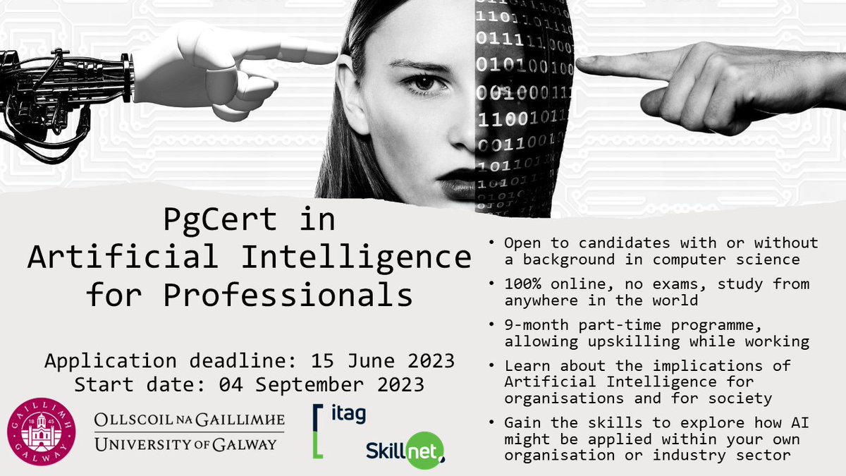 Patrick Mannion (@drpatmannion) on Twitter photo Just 3 weeks left to apply! This <a href="/uniofgalway/">Ollscoil na Gaillimhe | University of Galway</a> <a href="/galwaycs/">School of Computer Science, University of Galway</a> course is ideal for anyone who wants to #upskill so that they can explore the potential implications of #ArtificialIntelligence #AI for their own organisation or industry. No programming required!
universityofgalway.ie/courses/taught… Just 3 weeks left to apply! This <a href="/uniofgalway/">Ollscoil na Gaillimhe | University of Galway</a> <a href="/galwaycs/">School of Computer Science, University of Galway</a> course is ideal for anyone who wants to #upskill so that they can explore the potential implications of #ArtificialIntelligence #AI for their own organisation or industry. No programming required!
universityofgalway.ie/courses/taught…