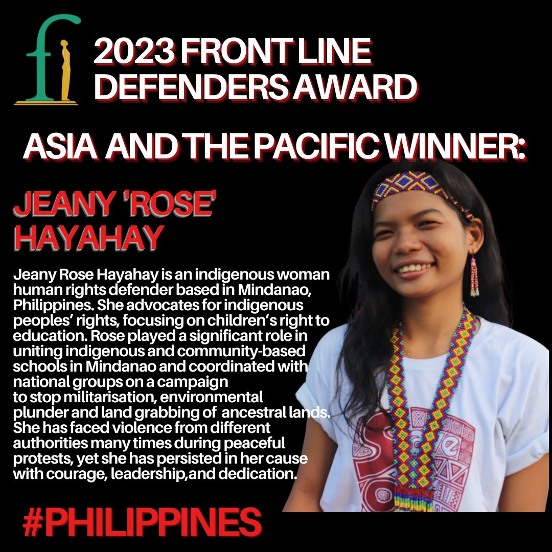 Congratulations to #AsiaAndPacific winner of the #FLDAward23, Jeany Rose Hayahay - indigenous WHRD based in Mindanao, #Philippines, advocating for indigenous peoples’ rights and children’s right to education.

Read more about Hala here: frontlinedefenders.org/en/profile/jea…

#FLDAward23
