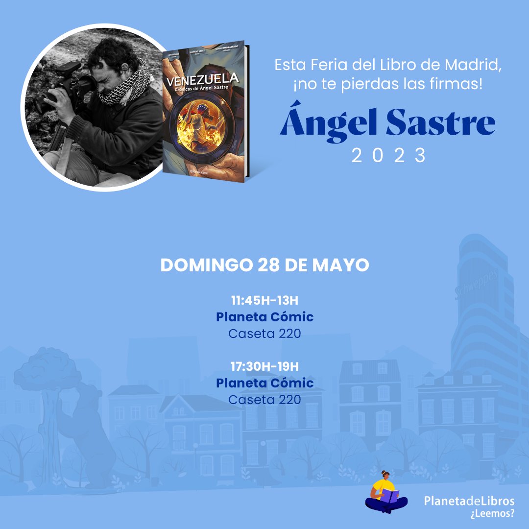 ¡Os recordamos que el próximo domingo 28 de mayo <a href="/AngelMSastre/">Ángel Sastre</a> firmará en la <a href="/FLMadrid/">Feria del Libro de Madrid</a>!

✍️ Acércate y consigue tu ejemplar de la #NovelaGráfica #Venezuela dedicada por el autor.

🇻🇪 ow.ly/qQAH50OvwkF

#FLMadrid23
