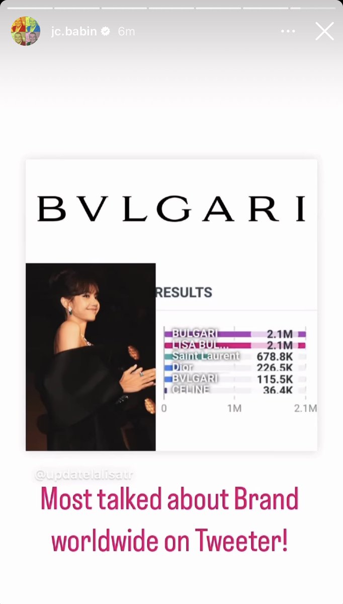 jc.babin IG story update: 

“Most talked about brand worldwide on tweeter!”

🔗 instagram.com/stories/jc.bab…

#LISA #LALISA @Bulgariofficial 
#LISAXBVLGARI