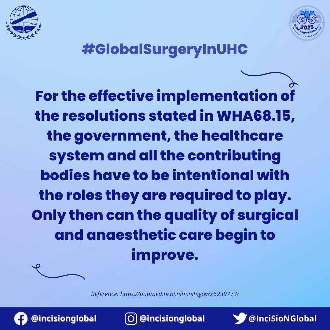InciSioNGlobal's tweet photo. Closing the #GlobalSurgery Gap with #WHA68.15: Strengthening the Essential Surgery and Anaesthesia Capacities. Make #GlobalSurgeryInUHC.π
π’ Don't miss out our #GSW2023 event that is happening on 28th May. π Register at link in bio or https://t.co/r2f29bt7GF
#TheFutureOfTheOR https://t.co/QkRnRpPPna