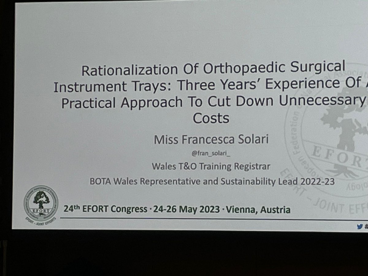 Today I was thrilled to present our surgical tray rationalisation project at #EFORT2023 a simple project promoting financial and environmental sustainability in Yeovil District Hospital #greenersurgery