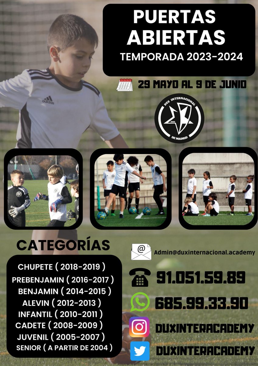 🚨 PUERTAS ABIERTAS 

🔛Te recordamos que durante dos semanas, nuestra Academia celebrará sus jornadas de puertas abiertas. 

🖊️ Del 29 de mayo al 2 de junio y del 5 al 9 de junio

¡Ven a probar!

⚫️⚪️#DUXInterAcademy