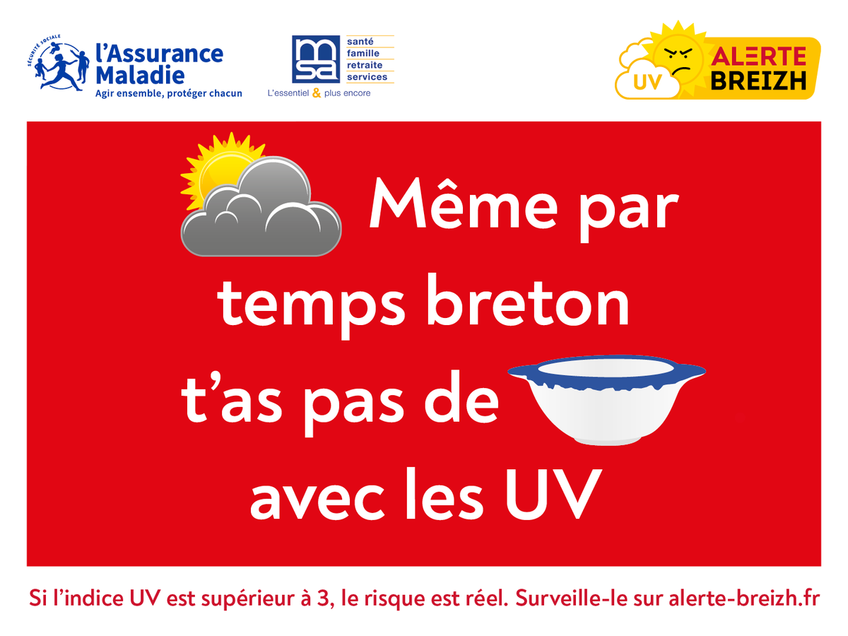 Cpam35's tweet photo. [ALERTE BREIZH !] ⛅
Malgré les nuages #Bretagne, pas de bol, les UV restent dangereux : il y a 3 fois plus de #cancers de la peau en BZH 🥺 que dans le reste de la France !
Une seule chose à faire : se protéger 🕶 ⛱ 👕 👒 🧴
#AlerteBreizh #PreventionSoleil https://t.co/dlWTexceRn
