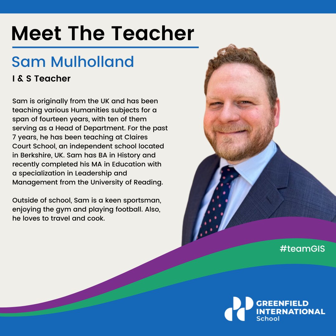 GreenfieldIntS's tweet photo. Welcome to #teamGIS, Mr Sam Mulholland, who will be joining our I & S department in August 2023.
#behappybeGIS #ProudlyTaaleem #InspiringYoungMinds #AllForTheLoveOfLearning #ChallengingEveryMind
@Taaleem https://t.co/heUDPywNZT