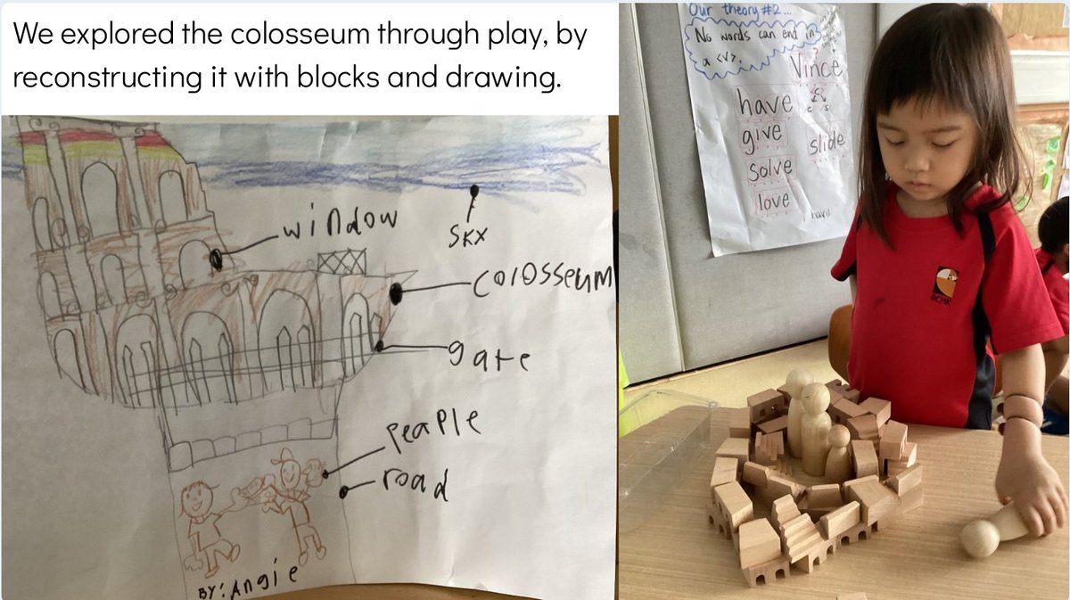 A child brought in a picture of the colosseum to share. This led us to a playful inquiry into design, form, materials, and purpose as we made connections and meaning through the languages of blocks, drawing, and dialog. #RCHKpyp