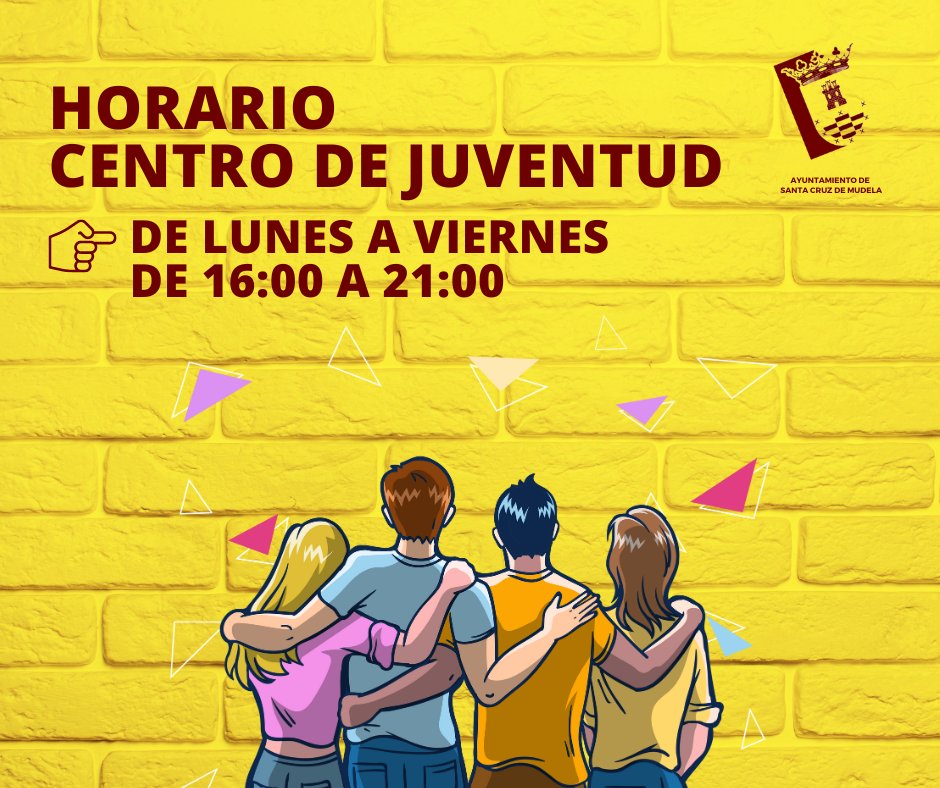 👉 Se pone en conocimiento a todos los vecinos y vecinas de la localidad, que el centro de juventud vuelve a su horario habitual.

📆 De lunes a viernes de 16:00 a 21:00