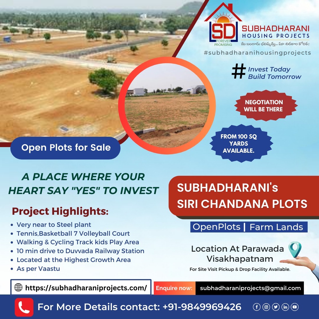 Invest Today Build Tomorrow
NEGOTIATION
WILL BE THERE
Open Plots for Sale
A PLACE WHERE YOUR HEART SAY 'YES' TO INVEST

#Subhadharanihousingprojectsinvizag #buysellproperty #buysellpropertyonline #buysellrealestateinvizag #findhomenearme #searchhomeinvizag #homeflatsinvizag
