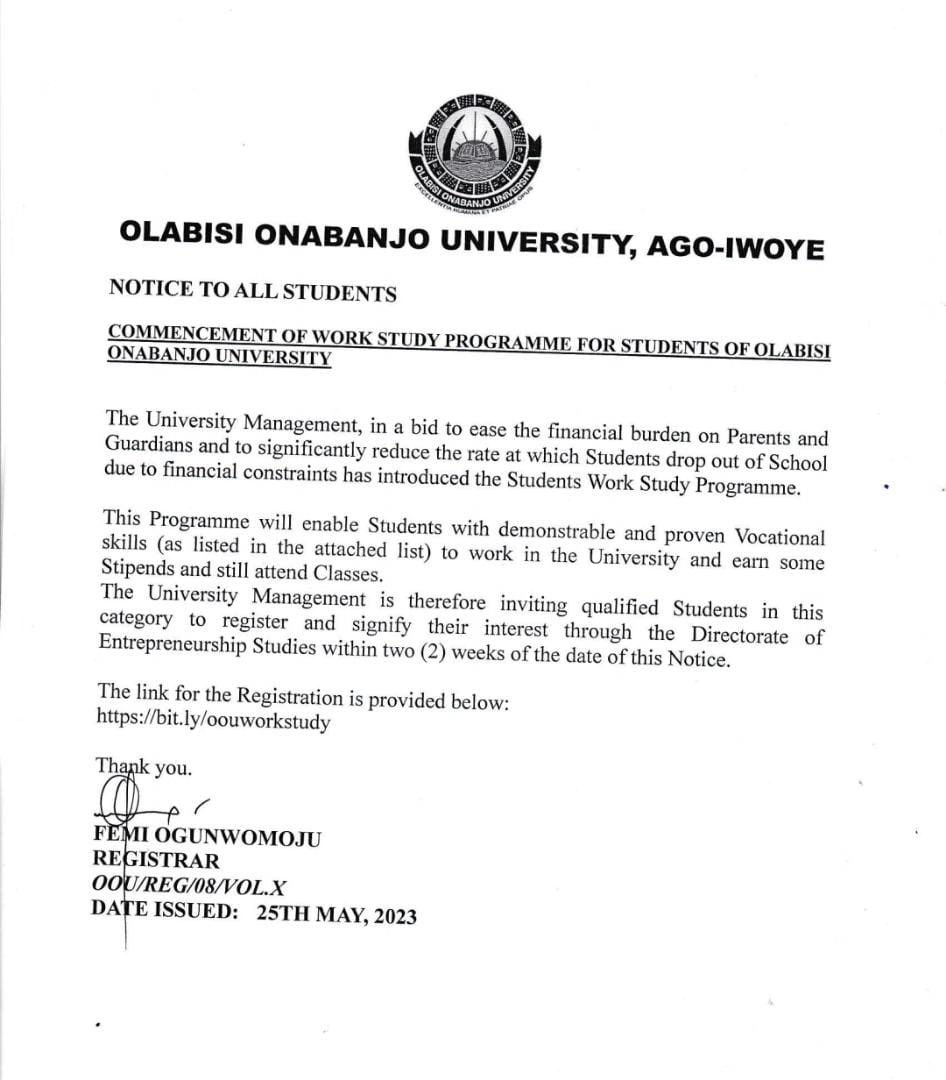 OOU commences Work Study Program To Reduce High rate of Dropouts #OOU #OnlyInOOU