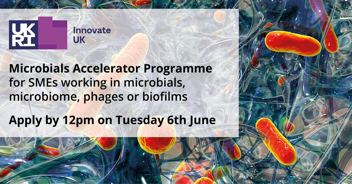 Are you an #SME in the #microbials, #microbiome, #phage or #biofilms sector looking to scale your #business? Apply for the Microbials Accelerator Programme, funded by @innovateuk as part of the Biomedical Catalyst, by 12pm on 6 June.

Read more: bionow.co.uk/event/Bionow16…
