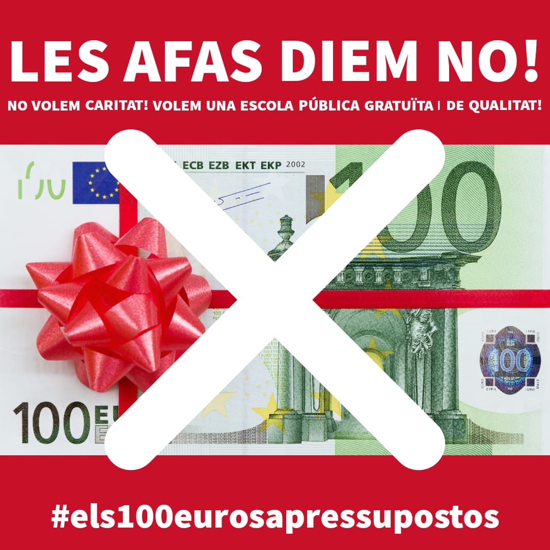 Les AFA diem NO AL XEC DE 100 €! No volem caritat, volem una escola pública de qualitat i gratuïta!
#els100eurosaPressupostos #els100eurosaLaPublica
<a href="/govern/">Govern de Catalunya</a>
<a href="/educaciocat/">Educació</a>
<a href="/affac_cat/">aFFaC</a>