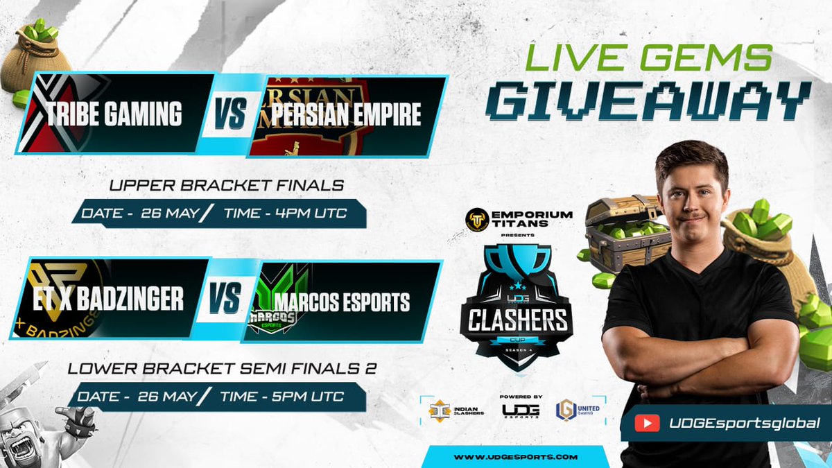 In tonight's stream of the #Clashers Cup S4

@ChaseWhitworth narrates the tale of UB Finals of <a href="/TribeGamingCoC/">Tribe Gaming CoC</a> Vs #PersianEmpire

Later we have LB Semi Finals between @ET_X_BADZINGER
Vs <a href="/EsportsMarcos/">Marcos Esports</a>

Join at 16:00 UTC on 
youtube.com/live/x7-VJhjw6…

Also, win gems live as you