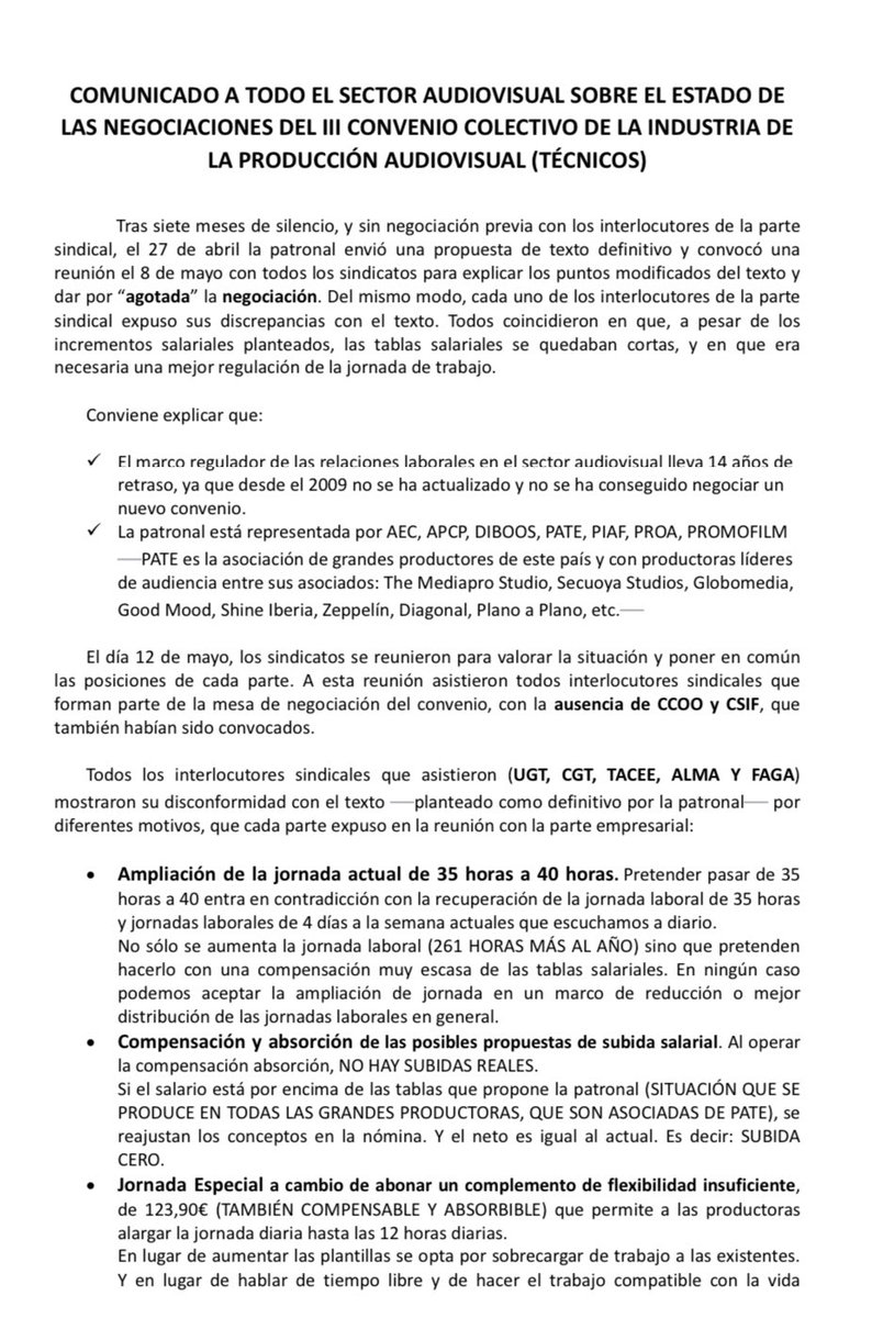 cgtrtve's tweet photo. 🟥🟥⬛️⬛️ COMUNICADO CONJUNTO DE @CGT y @Sindicatotace sobre el Convenio Audiovisual.

¡CONVENIO AUDIOVISUAL DIGNO YA!

¡NO AL AUMENTO DE LA JORNADA SEMANAL! https://t.co/PoPOHyV02O