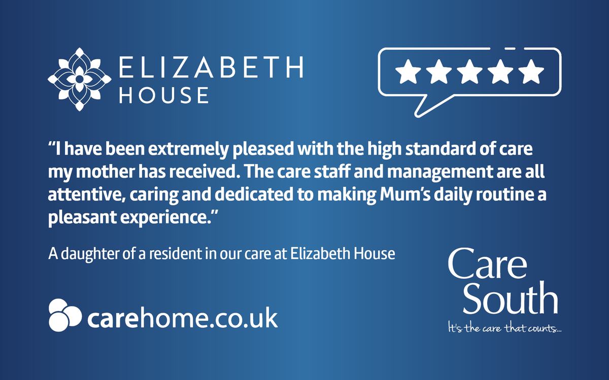 CareSouthUK's tweet photo. A daughter of a resident in our care at #ElizabethHouse shared this heartfelt feedback: 

"I have been extremely pleased with the high standard of care my mother has received. The care staff and management are all attentive."

⭐⭐⭐⭐

#Review #FoodFunFriendship #CareSouthUK https://t.co/SLd2LYeLxn