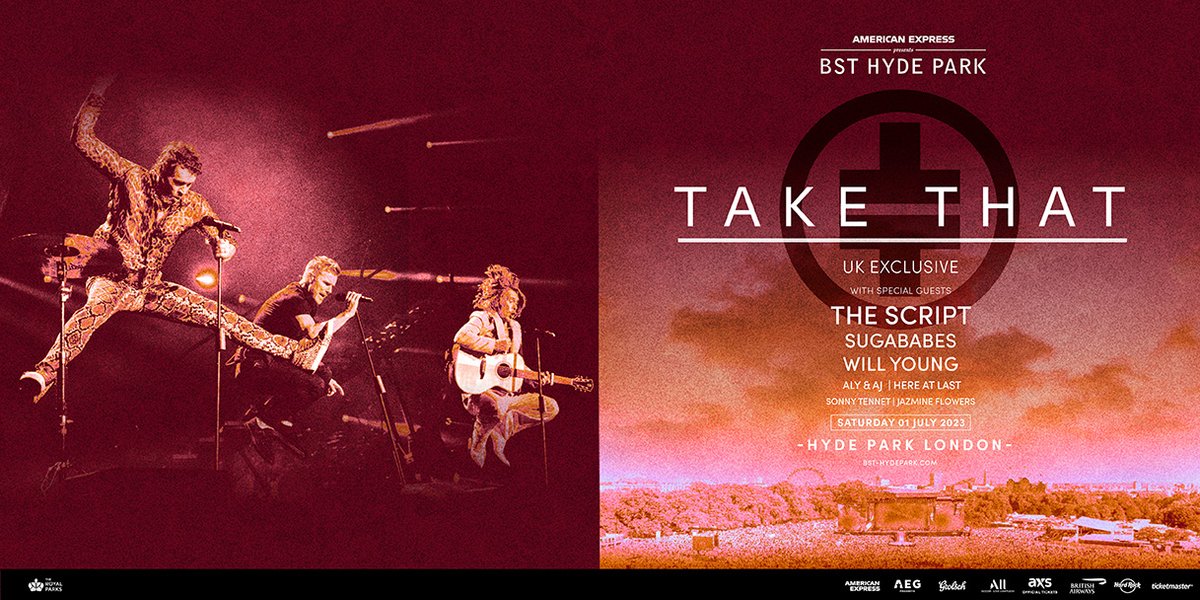 BSTHydePark's tweet photo. We're super excited to announce that the mega talented @willyoung, @alyandaj, @hereatlastband, @sonnysocials and @jazmineflowers_ will be joining @takethat at American Express presents BST Hyde Park on Saturday 1 July 🫶

Final tickets available at https://t.co/VExfbSIRWy 👈 https://t.co/NEV8TSTITg