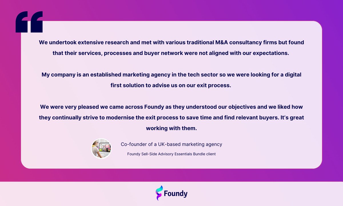 foundyglobal's tweet photo. Our clients in the tech sector vouch for our modern processes - we're shaping the future of M&amp;A in the digital age! 🚀

Dissatisfied with traditional M&amp;A? Foundy is your modern alternative, pioneering new ways to simplify your exit journey.

Get in touch today!

#founders https://t.co/viqu8tSneb