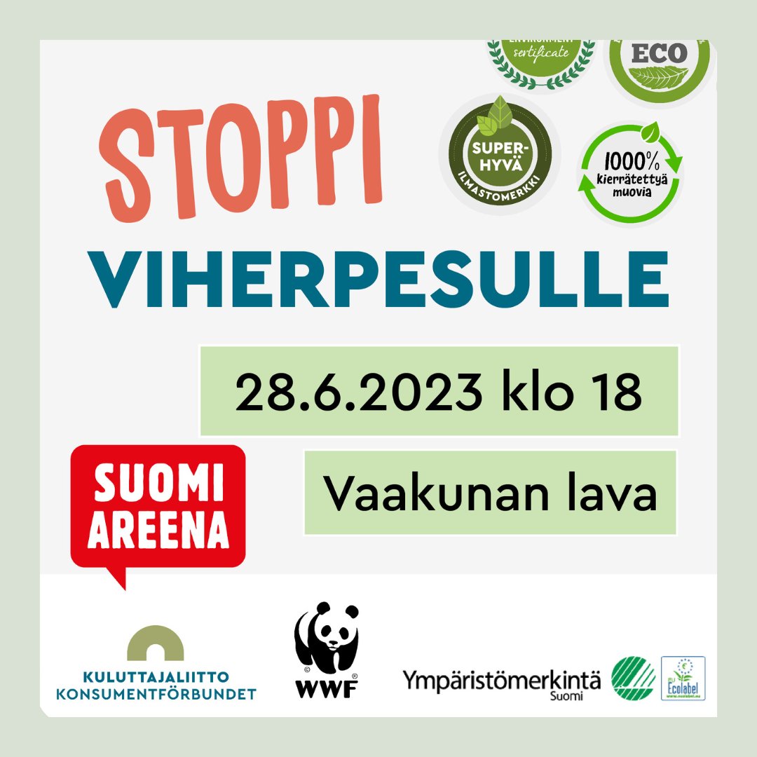 Viherpesuviidakossa tarpominen aiheuttaa monille harmaita hiuksia. Riittääkö direktiiviehdotus kitkemään valheelliset viherväittämät? Tervetuloa kuulemaan aiheesta lisää järjestämässämme paneelikeskustelussa SuomiAreenassa! <a href="/Kuluttajaliitto/">Kuluttajaliitto</a> <a href="/WWFsuomi/">WWF Suomi</a> joutsenmerkki.fi/stoppi-viherpe…