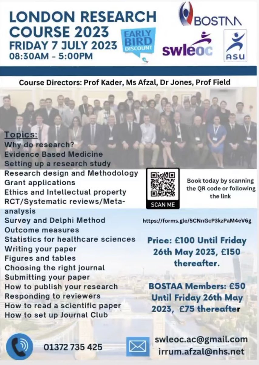 iafzal1's tweet photo. Donโt miss out on the London Research Course, book your space today! Great speakers lined up in a great venue #LondonResearchCourse @DeiaryKader @SarkhellR @vipin_asopa @DuncanTennent @salazzawi2 @MoAImam @the_SWLEOC @BritOrthopaedic @TheISEH https://t.co/Px3AGqvDbE