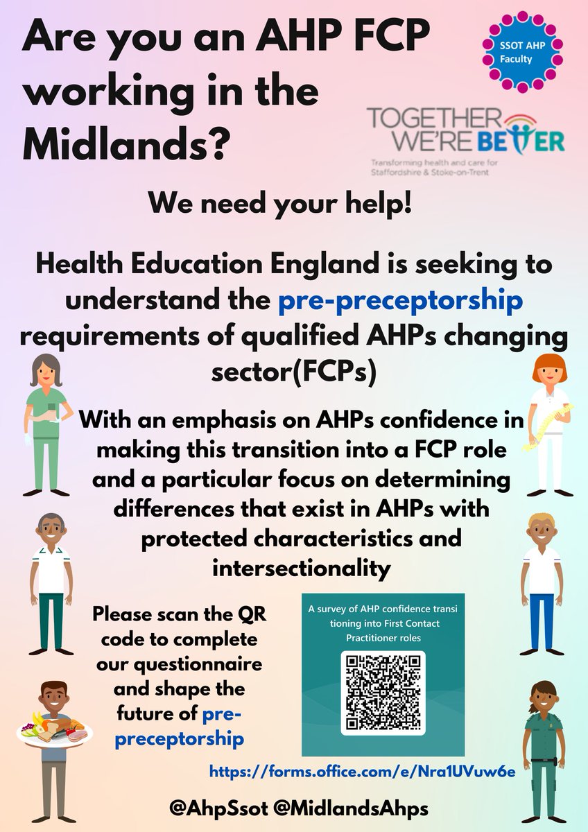 Bertie_F's tweet photo. Do you work as a #FirstContactPractitioner in the Midlands? Your views are extremely valuable to us!!!
#NationalAHPProgramme #AHP #PrimaryCare @NHSHEE_Midlands @MidlandsAhps @AhpSsot @ParamedicsUK @theRCOT @BDA_Dietitians @RoyColPod @gosc_uk @CSP_FCP https://t.co/McdLAoVXEL