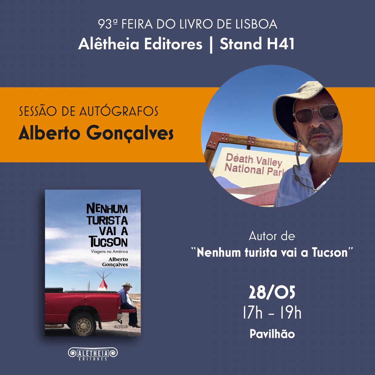 AletheiaEditore's tweet photo. Logo à tarde, na Feira do Livro de Lisboa, com @APincaoLucas e @LiberdadeMais e no domingo com @albertogonc para assinar os primeiríssimos exemplares de “Nenhum turista vai a Tucson”. Estamos a contar com a sua visita no stand H41! https://t.co/dMizVLYwQ2