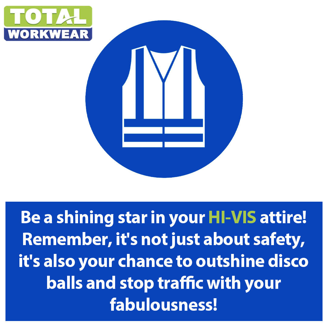 📣👀 Shine like a star in HI-VIS attire! ✨💥 It's not just about safety, it's your chance to outshine disco balls and stop traffic with your fabulousness! 🚦😎 Keep it bright, keep it safe, and let your glow be the envy of the town! 🌟✨ #SafetyFirst #ShineBrightStaySafe