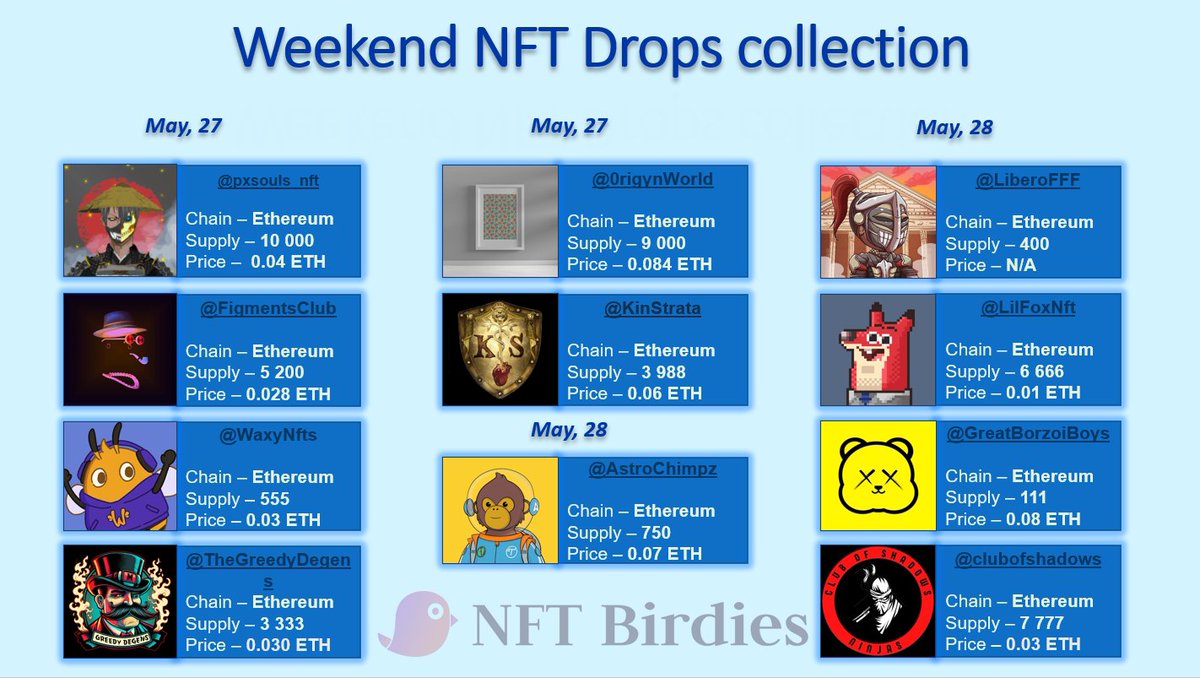 Weekend #NFTdrops 💧

@FigmentsClub
@AstroChimpz 
@GreatBorzoiBoys

... and more drops you can find here 👉 nftbirdies.com/drops/

#NFTs #NFTdrop #NFTMint #NFTMinting #NFTdrops #NFTCommunity #NFTAirdrop #Ethereum #Polygon #NFTartwork #airdrop #NFT #FreeMint #NFTProject