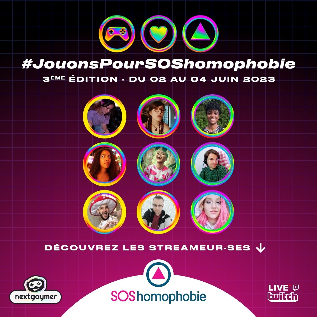 🎮 Du vendredi 2 au dimanche 4 juin, 9 streameur·ses prendront part à la 3ème édition de #JouonsPourSOShomophobie, un marathon gaming organisé en collaboration avec @NextGaymer ! 🏳️‍🌈🏳️‍⚧️
Découvrez ces 9 Twitcheur·ses plus en détails avant d’assister à leurs lives ! 😄⤵️