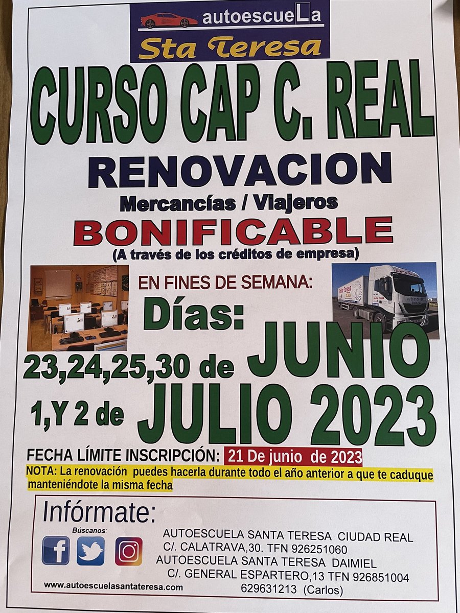 AESANTATERESA's tweet photo. Próximo Curso Renovación Cap en Ciudad Real!! https://t.co/YXNzzKLgUh