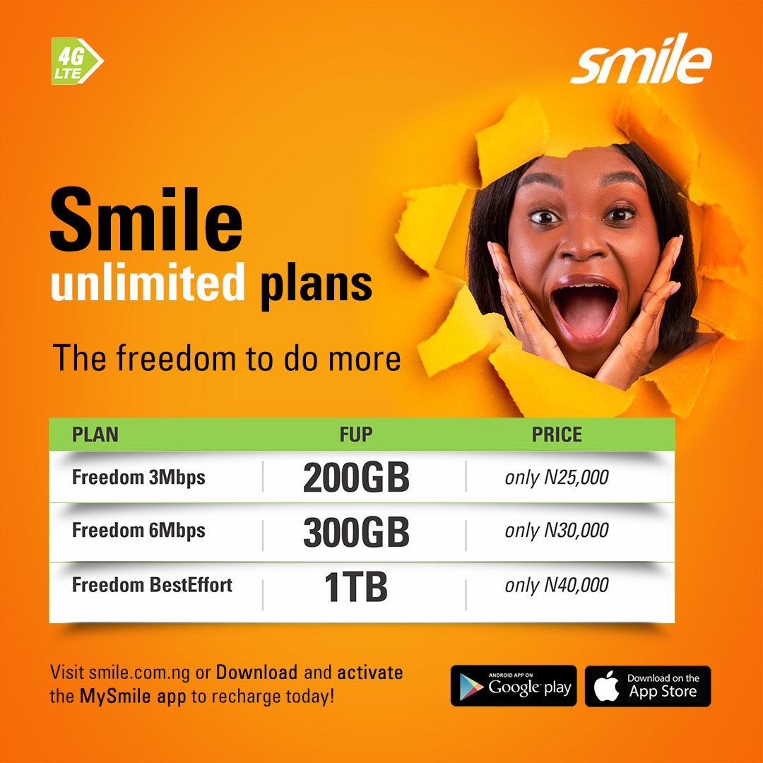 SmileComsNG's tweet image. Get the best value for your money. Recharge any Unlimited plan today starting from N12,000 to enjoy non-stop data for 30 days. Visit smile.com.ng or download the MySmile App now to recharge with ease. #MoreDataSamePrice #MoreFreedom #SmileAlwaysON