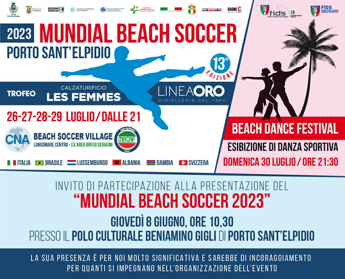 PSantElpidio's tweet photo. Giovedì 8 giugno ore 10.30 Polo culturale Beniamino Gigli, presentazione MUNDIAL BEACH SOCCER 2023 https://t.co/l2ZypTvgMf