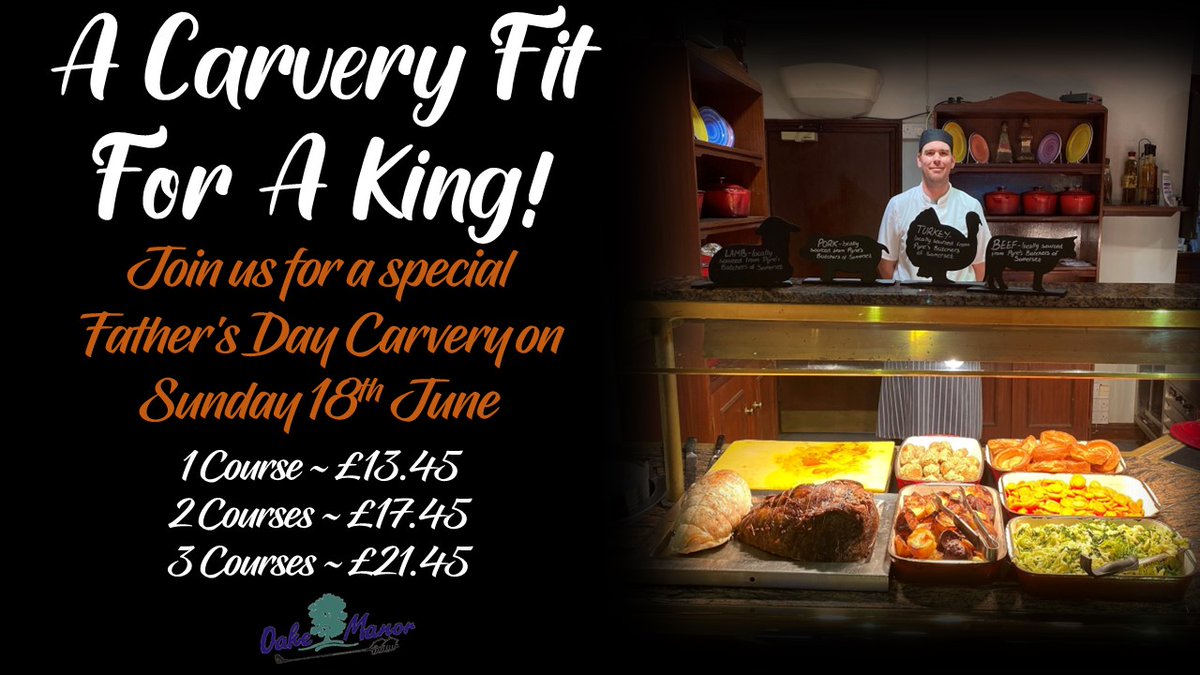 Come and celebrate Father's Day at Oake Manor with a delicious carvery!!

Beautiful views, plenty of space for big parties so why not invite all the family and of course.. mouth-watering food!!

Call us on 01823 461992 to book!

#carvery #food #views
