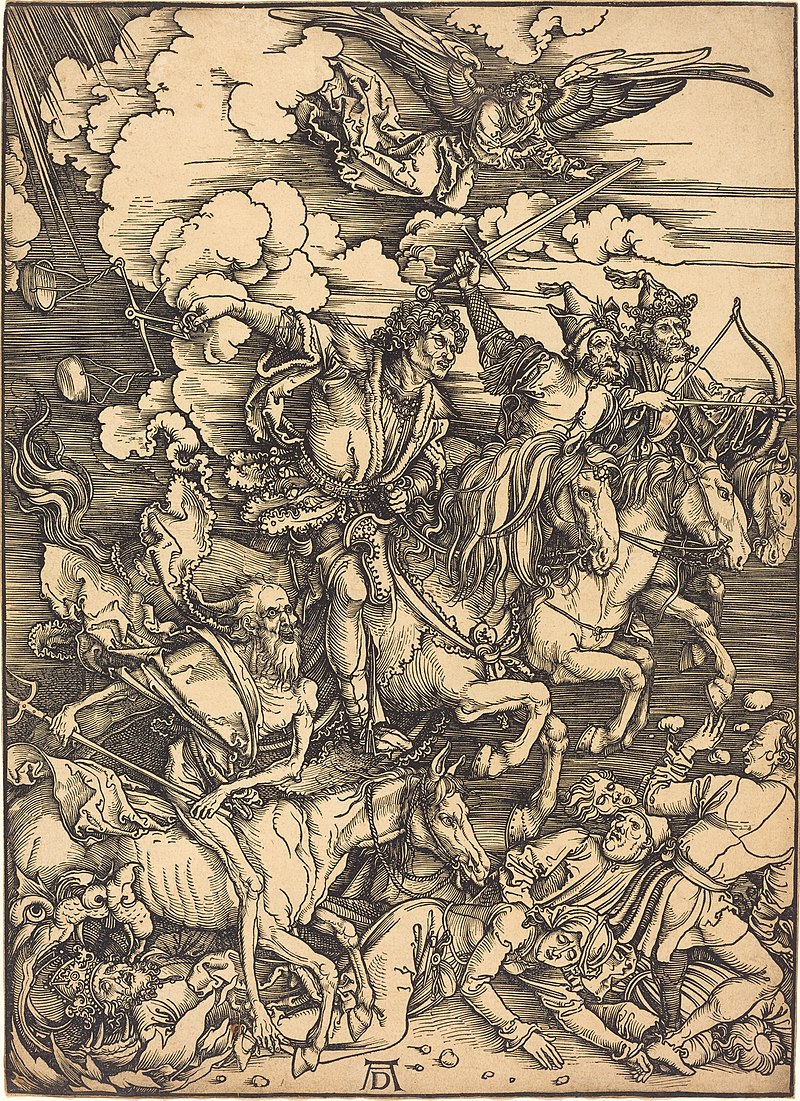 Albrecht Dürer (1471-1528) was a Renaissance artist who remains famous for his superlative woodcuts. This is 'The Four Horsemen' which shows the Four Horsemen of the Apocalypse and was produced around 1497. #albrechtdürer #woodcuts #prints #thefourhorsemen #art