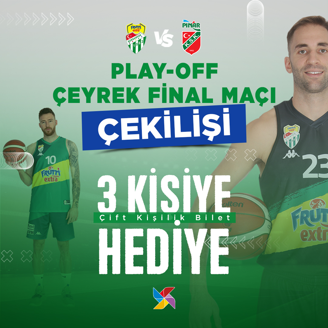 İşte sezonun en heyecanlı dönemi geldi, Play-off! 🥳 Frutti Extra Bursaspor vs Pınar Karşıyaka Play-off Çeyrek Final Rövanş Maçına Özel Bilet Çekilişi Kent Meydanı AVM’den! Çekilişe katılmak için👉🏻 bit.ly/433bh70