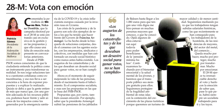 SocialistesdMca's tweet photo. 🔴📰 Vos recomanam llegir l'article de la Presidenta de la Federació Socialista de Mallorca, @Patgompic, que publica avui @UHmallorca 
 
✍🏻 𝟐𝟖-𝐌 𝐯𝐨𝐭𝐚 𝐜𝐨𝐧 𝐞𝐦𝐨𝐜𝐢𝐨́𝐧

#PerTuPerMallorca #VotaPSIBPSOE https://t.co/wCnYUGOADa