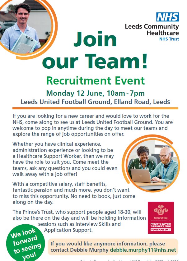 If you're looking for a new career and would like to work for the NHS, come down to our recruitment event on June 12 from 10am to 7pm. The Prince's Trust will be holding Interview Skills and Application Support sessions on the day also. No need to book, just come along!