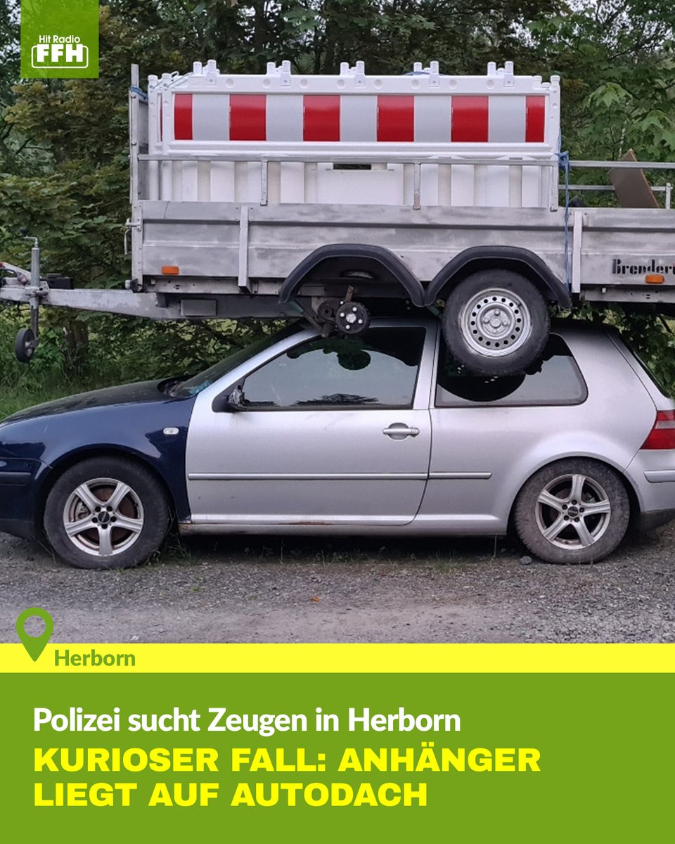 FFHde's tweet photo. Wie der Anhänger auf das Autodach gekommen ist, ist noch immer ein Rätsel. Die Polizei sucht jetzt Zeugen. Mehr dazu: 👉 https://t.co/EHyUHfSz0e #Anhänger #Autodach #Herborn https://t.co/D9PwXWl2Xu
