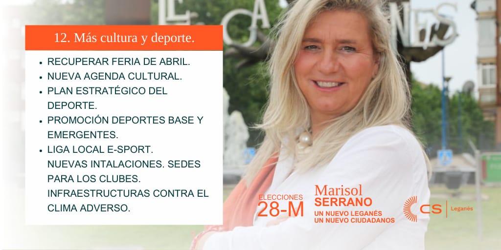 🔥 DUODÉCIMA PROPUESTA🔥

🟠En Ciudadanos,  creemos que hay que fomentar la cultura y el deporte de forma efectiva🟠

🧡Queremos dotar a la Ciudad de #Leganés de diferentes opciones de ocio🧡

🔥VOTA A MARISOL SERRANO,  VOTA A CIUDADANOS 🔥