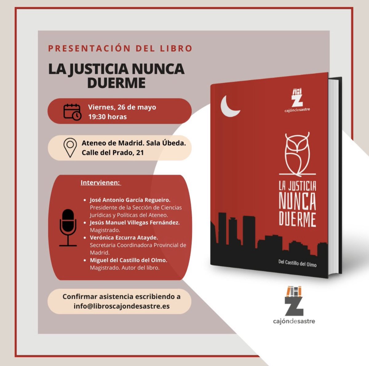 veruskie's tweet photo. Un placer intervenir esta tarde en la presentación de este libro de mi buen amigo y Magistrado Miguel del Castillo del Olmo. Si estáis interesados, allí nos vemos!!! https://t.co/VV0dvvXm1O